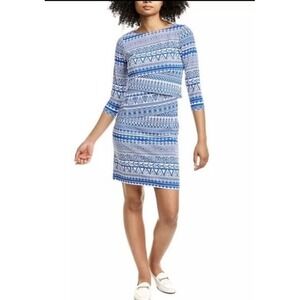 J. McLaughlin Women's Light Blue/White 3/4 Sleeve Nicola Dress XLarge Coastal‎